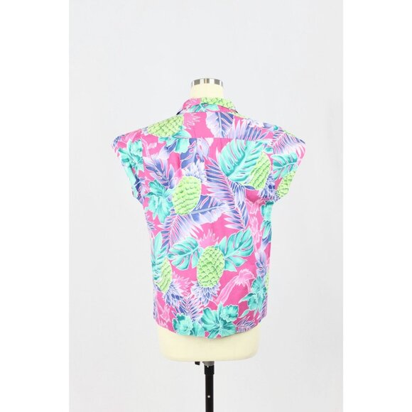 Vintage 90s HILO HATTIE Hawaiian Floral 100% Cotton Cap Sleeve Shirt Top, Size L - Picture 3 of 10